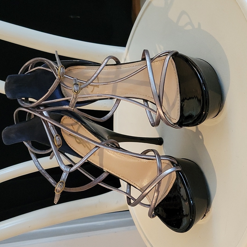 Yves Saint Laurent Black Patent Platform Sandals with Silver Strappy Laces